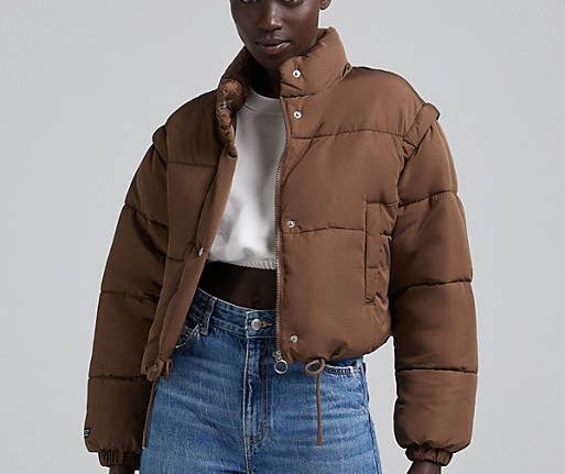 Bershka cropped puffer jacket in brown