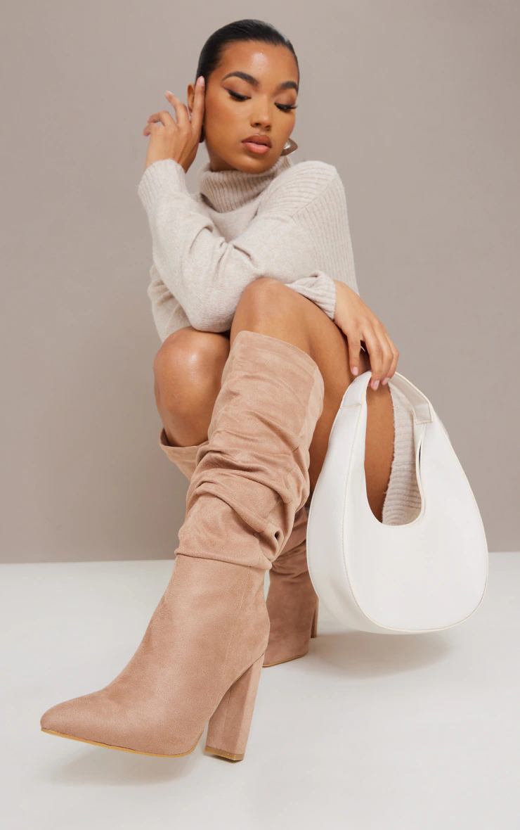 SAND FAUX SUEDE RUCHED HIGH BLOCK HEEL KNEE BOOTS £50.00