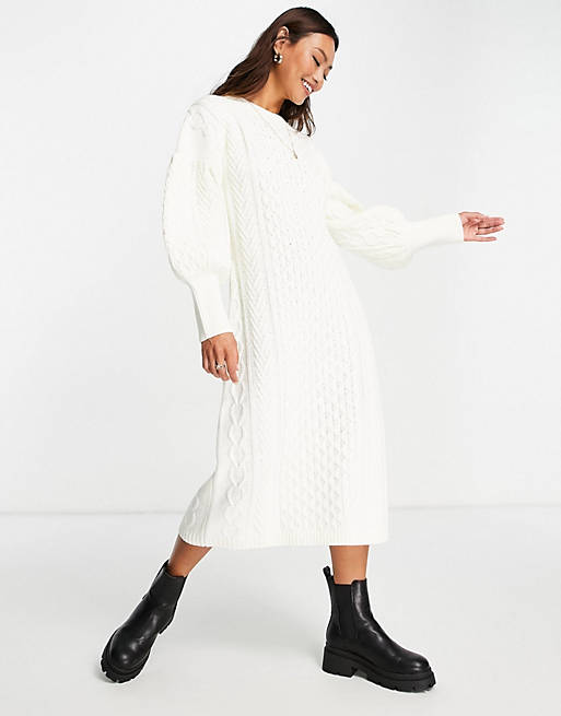 Lost Ink volume sleeve chunky knit midi dress in ivory £65.00