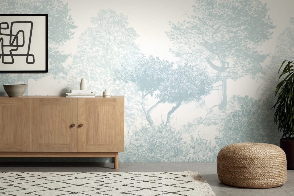 Hua Trees Wallpaper, Blue, 10m Roll Designed by Sian Zeng