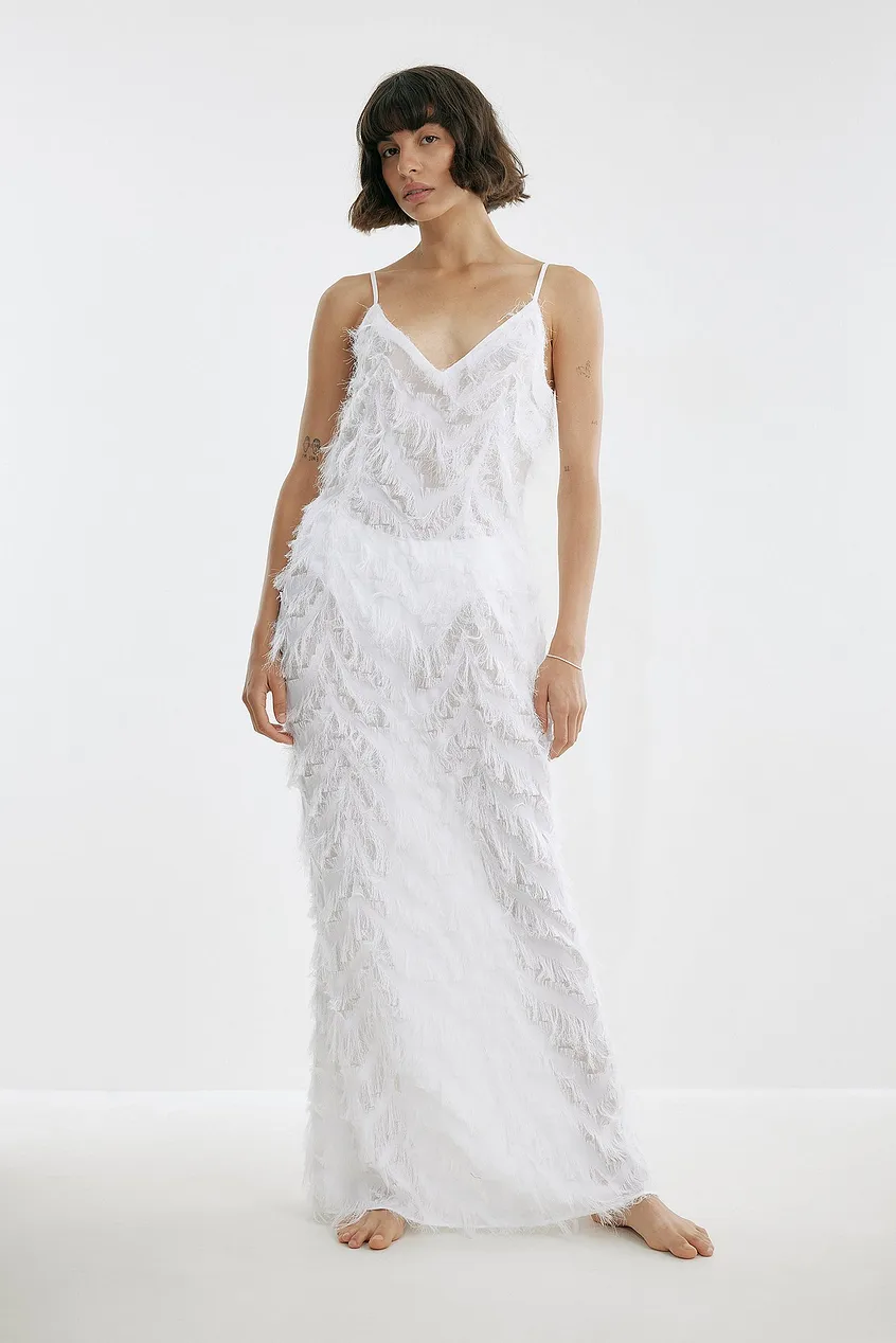 NA'KD Feather Maxi Dress Josefine HJ x NA-KD, White £73.95
