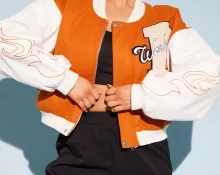 PRETTYLITTLETHING ORANGE FLAME PRINT FAUX LEATHER SLEEVE BOMBER JACKET £55.00
