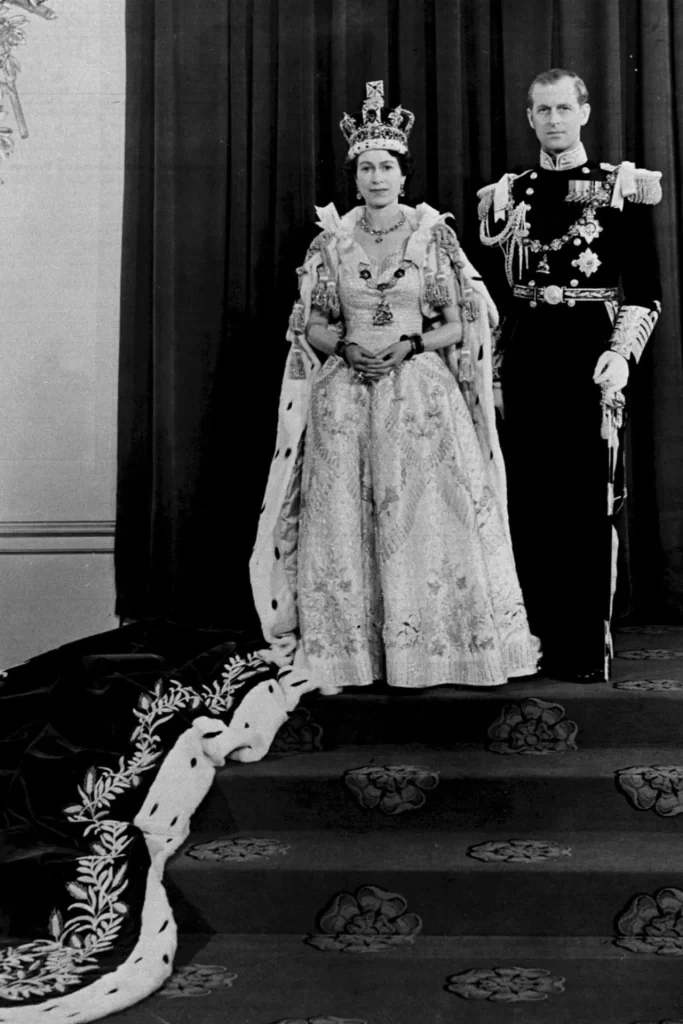 2 June 1953 For her coronation, aged 27, the Queen wore a gown commissioned from Norman Hartnell.