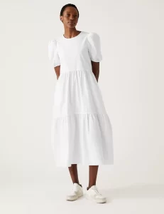 Cotton Rich Puff Sleeve Midi Tiered Dress