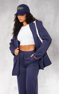 Pretty Little Thing Navy Pinstripe Woven Extreme Shoulder Pad Pocket Blazer Was £45.00 Now £40.00(11% OFF)
